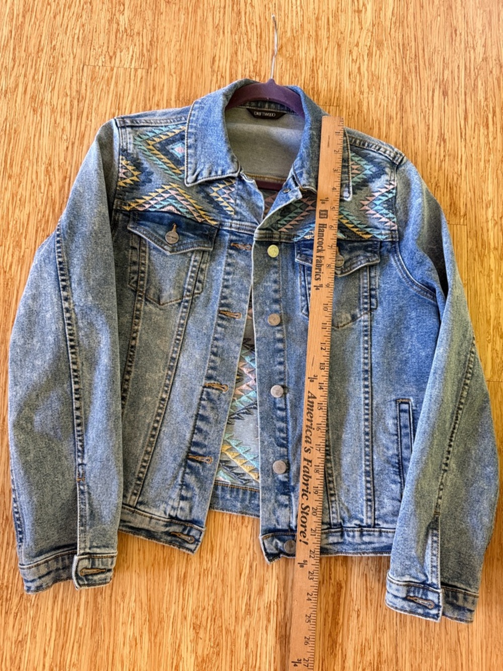 DRIFTWOOD Blue Denim Jacket with Multicolor Aztec Detail Small - Picture 5 of 9